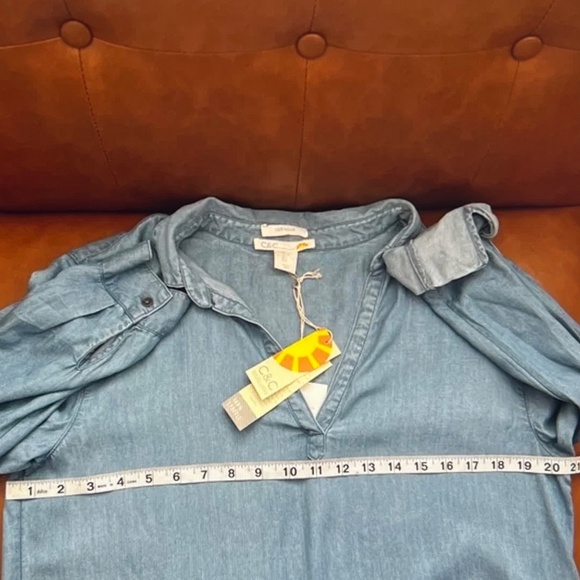 C&C California Blue Denim Tunic Shirt Dress Collared Roll Tab Sleeve Size Large - Picture 13 of 13